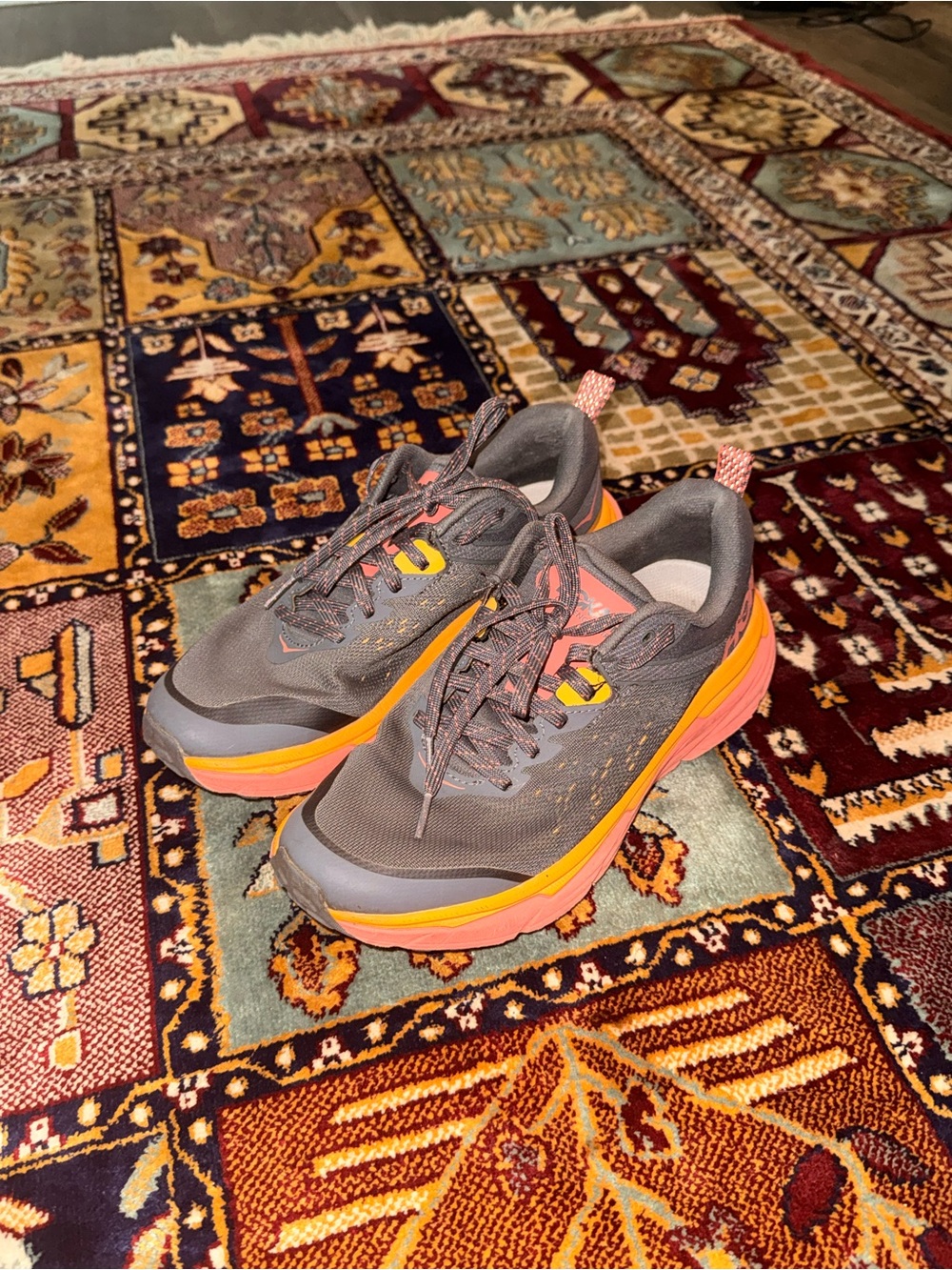 Hoka One One Women's Gray Running Shoes with Pink and Orange Accents